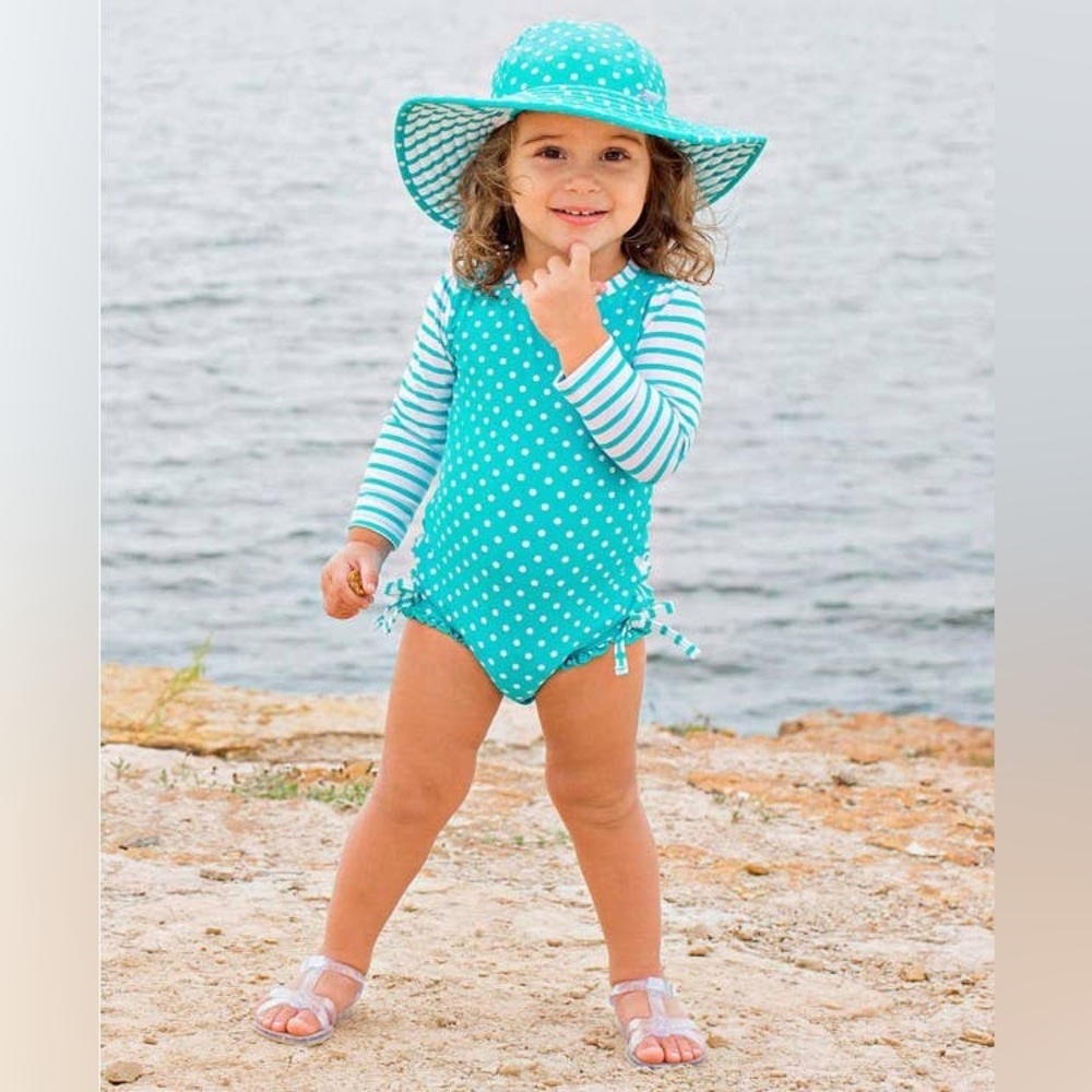 Ruffle Butts Polka - Dotted One Piece Rash Guard swimsuit for baby girl
